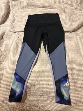 adidas Womens Black, Light Blue & Navy Colorblock Leggings